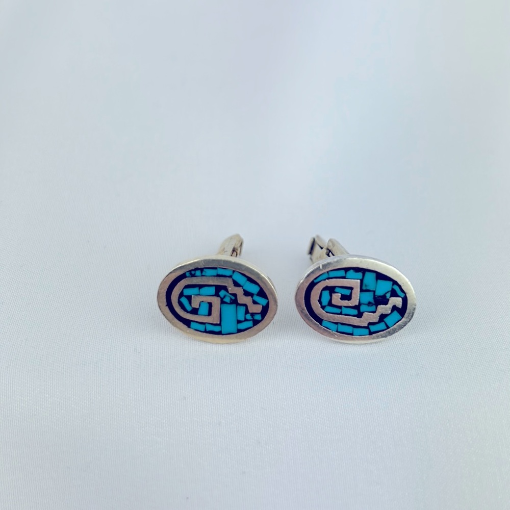 Mexican Taxco Sterling Silver & Turquoise Oval Cuff Links